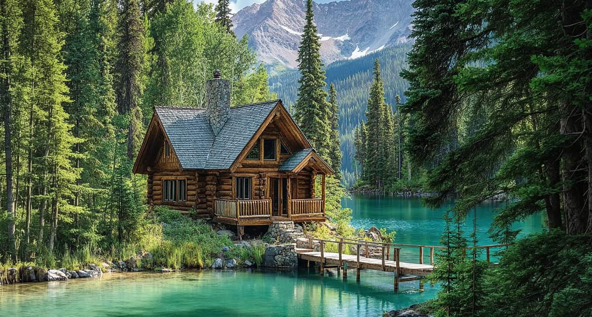cabin shot in july with evergreens and lake in foreground