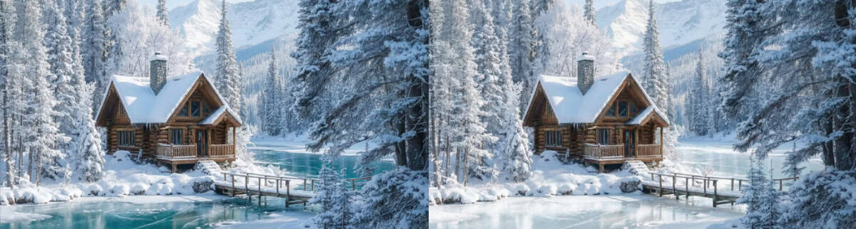 two photos of winter cabin, one with lake frozen but wrong shadows and once correct