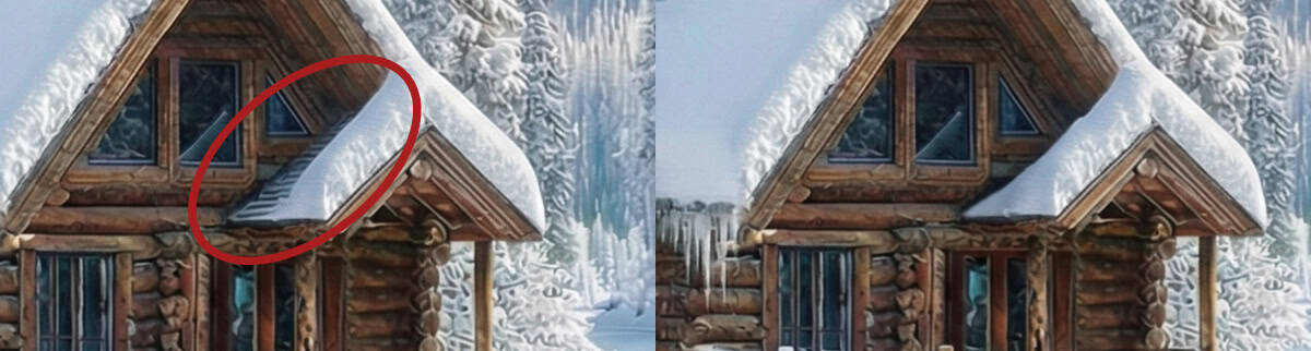close up of eaves missing snow and then when snow was added